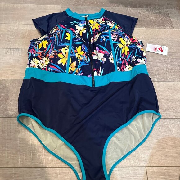 SWIMSUITS FOR ALL WOMENS SIZE 28 ONE PIECE BATHING SUIT TEAL AND NAVY NEW - Picture 2 of 9